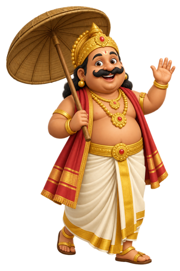 Friendly cartoon Maveli with his traditional umbrella